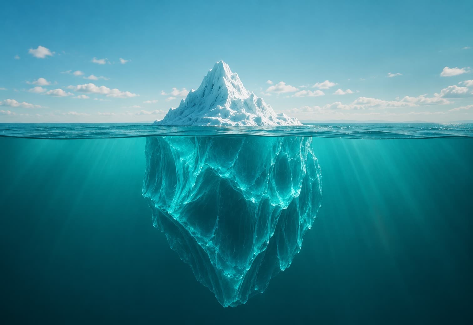 An iceberg showing the larger mass beneath the surface of the water
